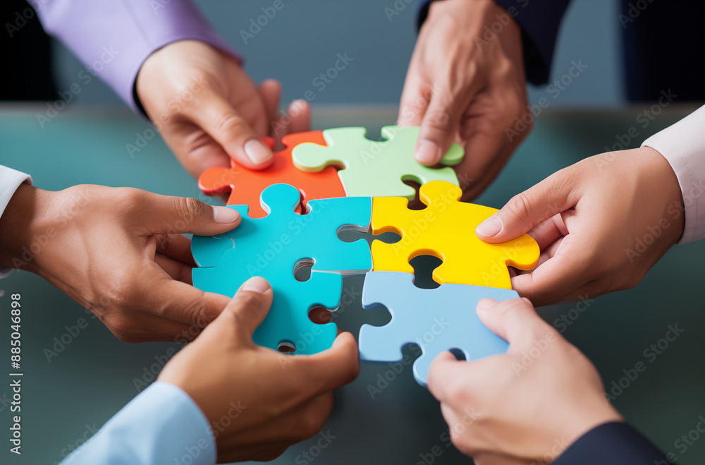Several hands holding colorful puzzle pieces, coming together to form a complete picture, symbolizing teamwork and cooperation Several hands holding colorful puzzle pieces, coming together to form a complete picture, symbolizing teamwork and cooperation