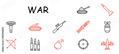 War set icon. Protester, tank, rifle, knife, missile, bomb, target, airplane, arrow, bullets, explosion.