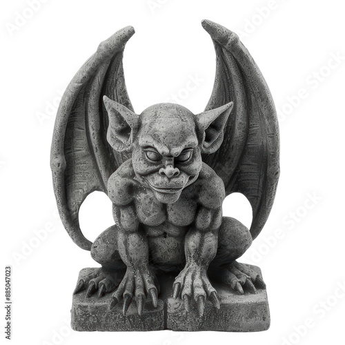 A menacing stone gargoyle statue with large wings, perched on a stone base.