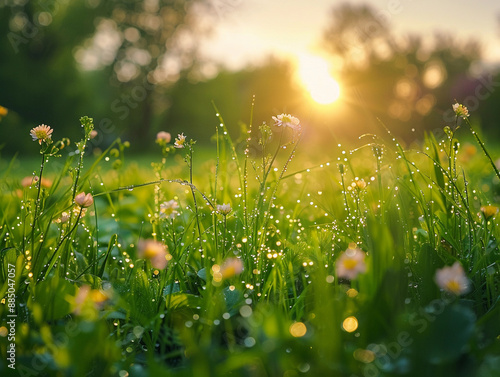 Dew-Covered Grass and Wildflowers at Sunrise