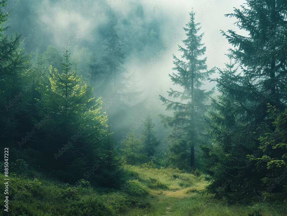 Misty Forest Path Through Tall Evergreen Trees Misty Forest Path Through Tall Evergreen Trees