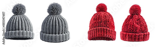 2 Set of grey gray red maroon pom pom ball knit knitted woven cuffed wool ribbed beanie hat, front and flat lay view on transparent cutout PNG file, mockup template for artwork design