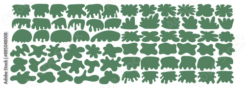 Abstract illustration organic shape, irregular blob and simple figure. Tree and shrub form, grass spot and amoeba bubble. Graphic design, asymmetric and round splotches. Top view vegetation silhouette