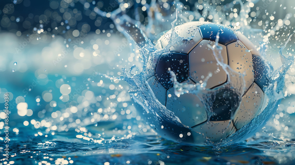 Fototapeta premium The combination of the soccer ball and the swirling water particles creates a striking visual that emphasizes the sport's dynamism and excitement.