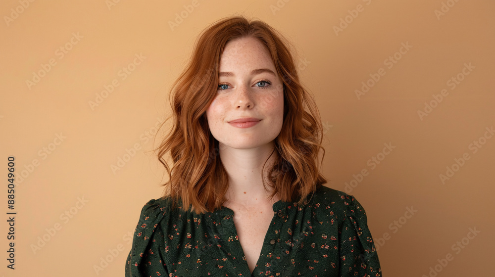 Obraz premium Confident Young Woman in Stylish Green Blouse Studio Portrait on Warm Beige Background