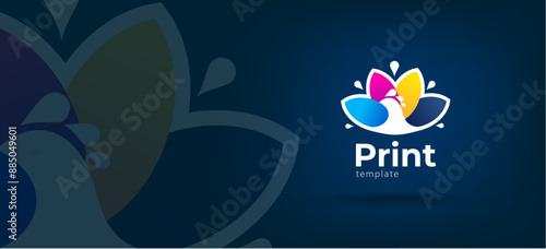 Print Logo Сmyk Polygraphy theme. Bird wings ink feathers. Template design vector. Black background.