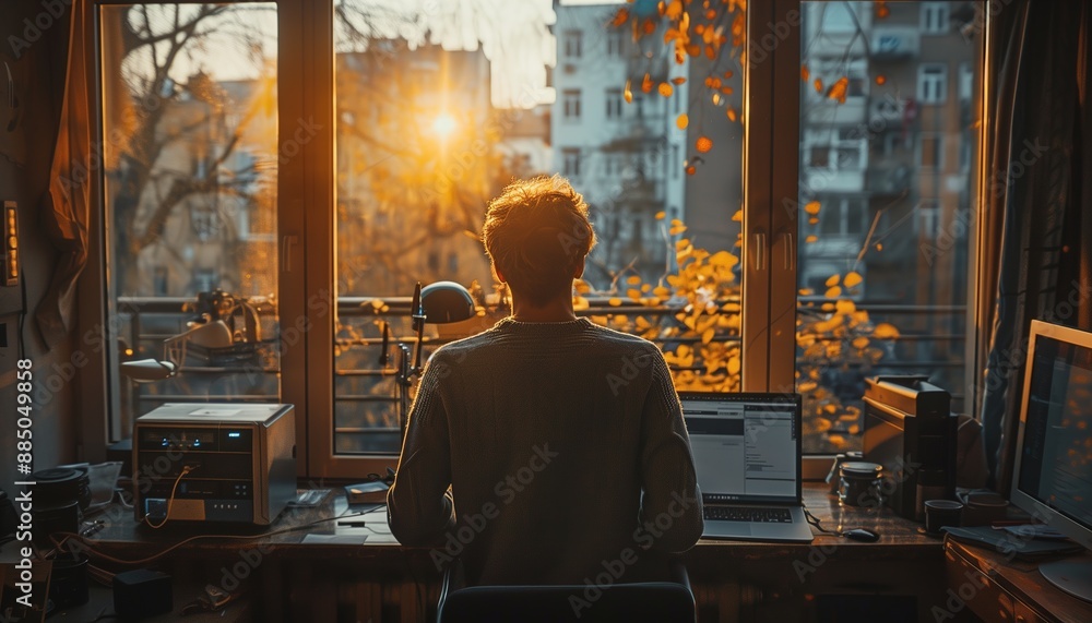Young Man Sitting at Desk in Apartment During Golden Hour Young Man Sitting at Desk in Apartment During Golden Hour