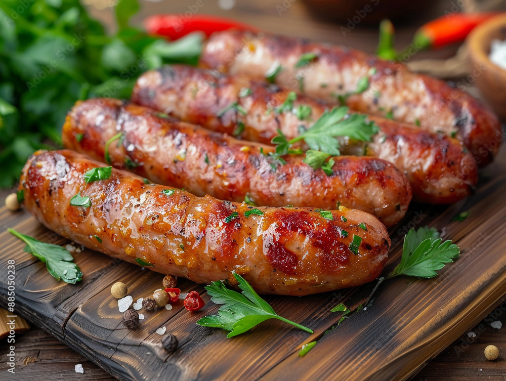Grilled Sausages With Parsley and Peppercorns on a Wooden Cutting Board Grilled Sausages With Parsley and Peppercorns on a Wooden Cutting Board