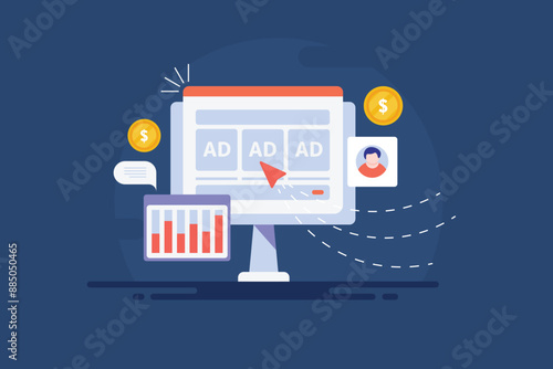 Display advertising click rate conversion optimization. Pay per click PPC ad campaign, business analytics vector illustration concept.