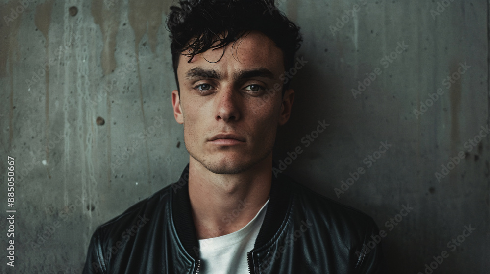 Modern Urban Portrait of Young Man with Moody Expression Against Concrete Wall Modern Urban Portrait of Young Man with Moody Expression Against Concrete Wall