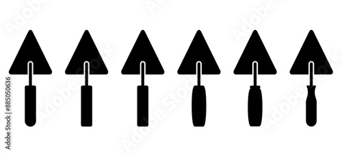 Cartoon masonry trowel, hand trowel for brickwork. Brick laying, brick wall and trowels. Construction vector icon or logo. Set of bricklayer and stucco trowels. Cement trowel, plastering trowel.
