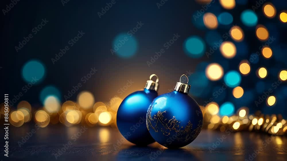 blue Christmas ornaments against a blurred background of golden bokeh lights. Christmas greeting card. Merry Christmas, new year backdrop blue Christmas ornaments against a blurred background of golden bokeh lights. Christmas greeting card. Merry Christmas, new year backdrop