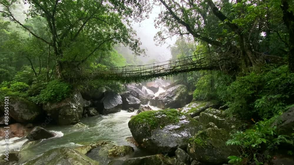 Single Living roots bridge in nongriat village in cherrapunjee meghalaya India. This bridge is formed by training tree roots over years to knit together. Single Living roots bridge in nongriat village in cherrapunjee meghalaya India. This bridge is formed by training tree roots over years to knit together.