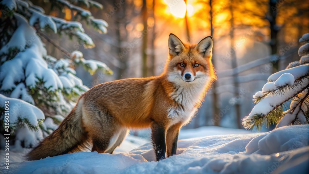 Fototapeta premium A solitary, rust-colored fox with bushy tail and cunning gaze pauses in a snowy forest landscape at dawn.