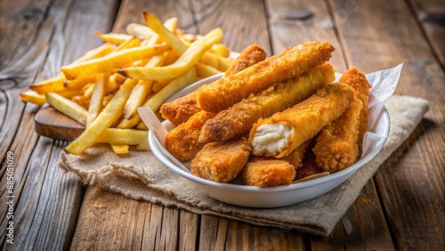 Crunchy golden fish sticks and crispy fries overflowing from a paper wrap, served in a white bowl on a wooden table.