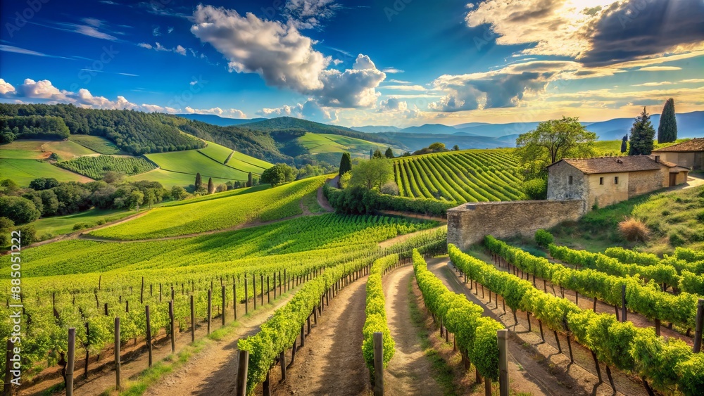Rolling hills of lush green vineyard under a brilliant blue sky with ancient stone walls and rustic wooden fences. Rolling hills of lush green vineyard under a brilliant blue sky with ancient stone walls and rustic wooden fences.