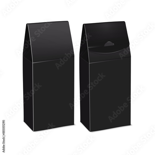 Black blank paper pinch top box isolated on white background. Front and back. Realistic 3d vector mock-up. Cardboard gift box packaging. Mockup. Template for design