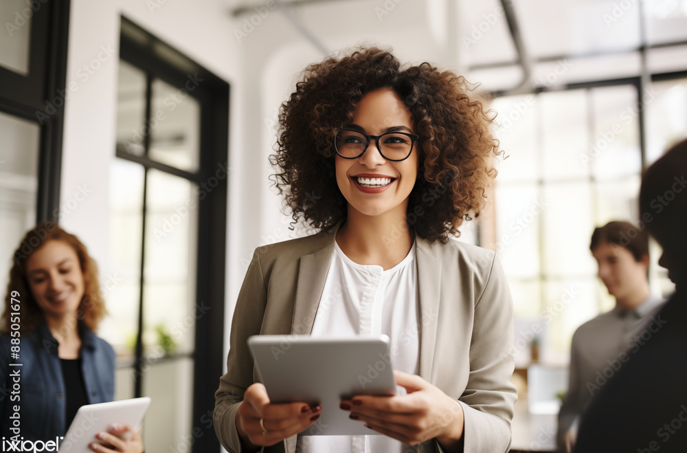 Smiling Businesswoman With Curly Hair And Glasses Holding Tablet In Modern Office Environment Smiling Businesswoman With Curly Hair And Glasses Holding Tablet In Modern Office Environment