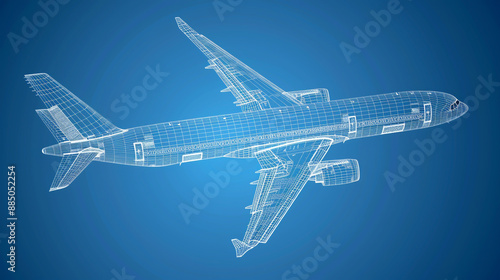 3d blueprint of an airplane on blue background with white lines, vector illustration, high resolution photography