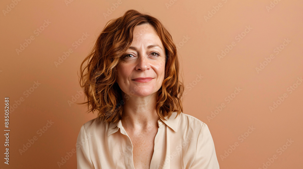 Serene Middle-Aged Woman with Gentle Smile in Studio Portrait Against Soft Peach Backdrop Serene Middle-Aged Woman with Gentle Smile in Studio Portrait Against Soft Peach Backdrop