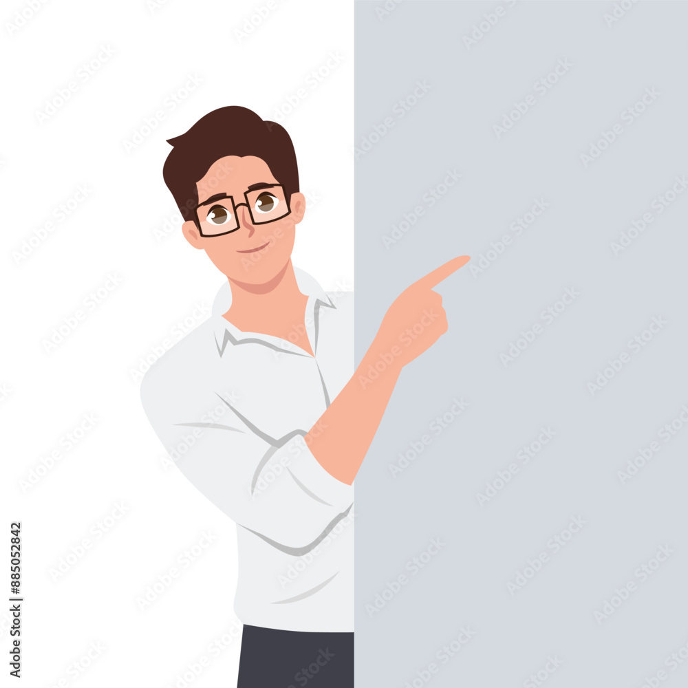Young business man is standing behind the white blank banner and pointing down at a copy space. Flat vector illustration isolated on white background Young business man is standing behind the white blank banner and pointing down at a copy space. Flat vector illustration isolated on white background