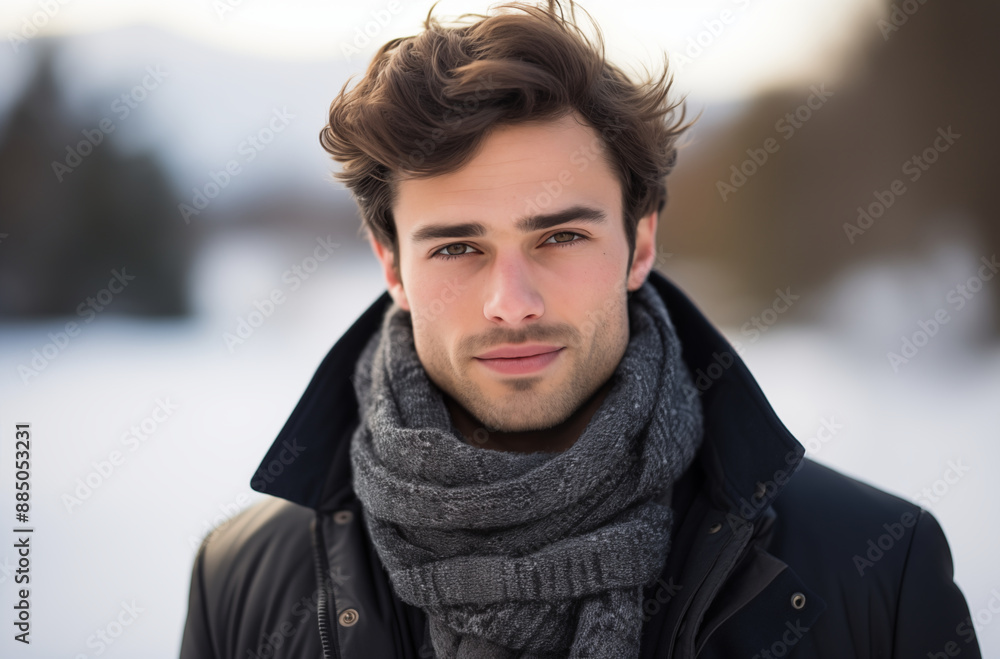 Young Man In Winter Attire With A Gray Scarf And Dark Coat, Standing Outdoors In A Snowy Landscape, Looking Confident Young Man In Winter Attire With A Gray Scarf And Dark Coat, Standing Outdoors In A Snowy Landscape, Looking Confident