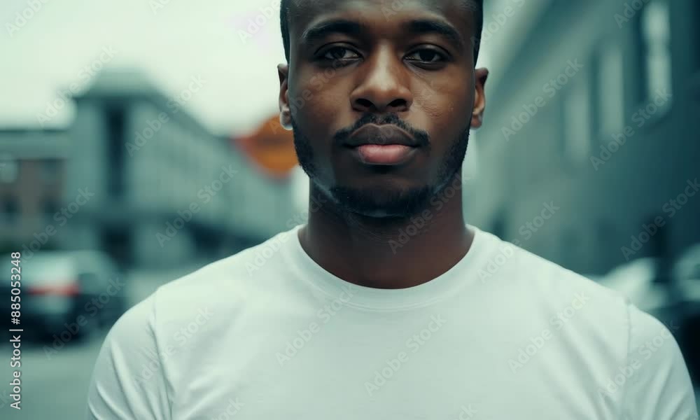 Black Afro-American man wearing white T-shirt, standing confidently in urban setting. Modern buildings, architectural elements provide contemporary background, emphasizing urban lifestyle, fashion Black Afro-American man wearing white T-shirt, standing confidently in urban setting. Modern buildings, architectural elements provide contemporary background, emphasizing urban lifestyle, fashion