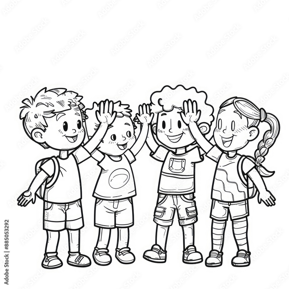 Black and white kids high-fiving, celebrating their friendship Black and white kids high-fiving, celebrating their friendship