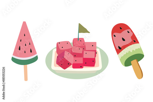 Summertime illustration. Watermelon day. Vector flat summer exotic fruit. Icon set of juicy watermelon cut in half, diced, sliced, watermelon ice cream on a white background