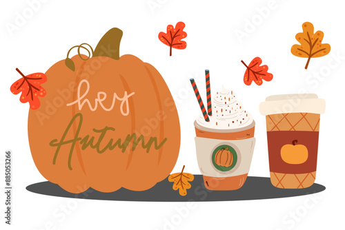Hello Autumn vector illustration. Orange autumn pumpkin with yellow and orange leaves. Autumn pumpkin seasonal drinks. Vector pumpkin latte. Illustration for a cafe