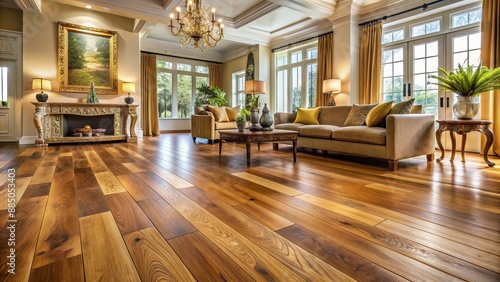 Luxurious golden European oak flooring with rich oil finish and intricate brush strokes highlighting exquisite wood grain details. photo