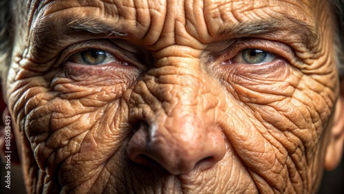 Macro shot of human skin texture showcasing subtle wrinkles, pores, and facial muscles, illuminated by soft, diffused light.
