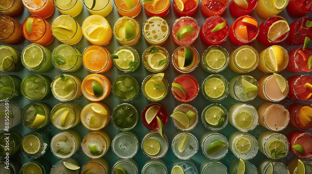 Top view of various colorful citrus drinks in glasses, garnished with slices of lime, lemon, and mint leaves. Top view of various colorful citrus drinks in glasses, garnished with slices of lime, lemon, and mint leaves.