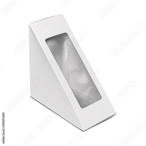 White cardboard club sandwich box with clear plastic window. Realistic 3d vector mock-up. Paperboard takeaway food lunch triangle container packaging. Mockup. Template for design