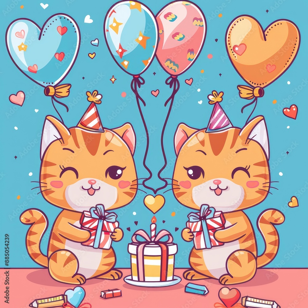 Obraz premium Cute cats celebrating Valentine's Day or a birthday, funny kittens with colorful gifts and balloons, full of joy
