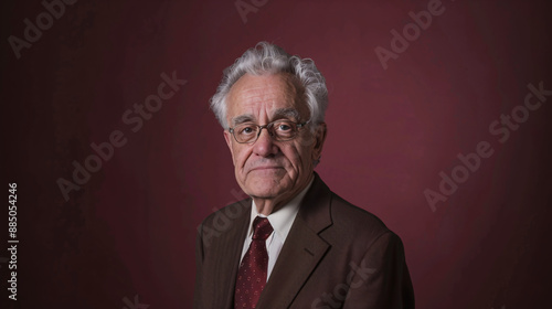 Distinguished Senior Gentleman: Portraiture of Wisdom and Elegance in Classic Attire against Maroon Backdrop © CQSP