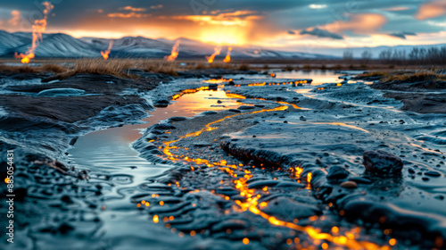 A volcanic stream flows through the valley, fire can be seen