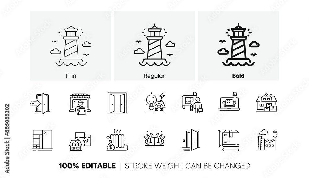 Delivery market, Door and Open door line icons. Pack of Factory, Entrance, Radiator icon. Plan, Home moving, Furniture pictogram. Cupboard, Box size, Building energy. Lighthouse. Line icons. Vector Delivery market, Door and Open door line icons. Pack of Factory, Entrance, Radiator icon. Plan, Home moving, Furniture pictogram. Cupboard, Box size, Building energy. Lighthouse. Line icons. Vector