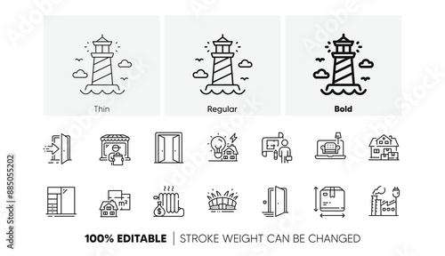 Delivery market, Door and Open door line icons. Pack of Factory, Entrance, Radiator icon. Plan, Home moving, Furniture pictogram. Cupboard, Box size, Building energy. Lighthouse. Line icons. Vector