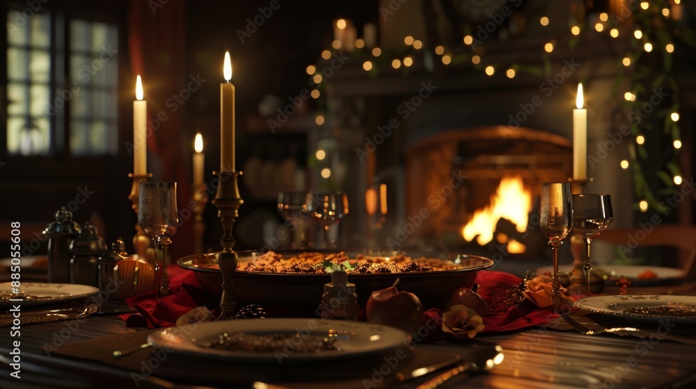 Cozy holiday dinner in rustic setting. Lit candles, elegant table and warm fireplace. Perfect family gathering image. Cozy holiday dinner in rustic setting. Lit candles, elegant table and warm fireplace. Perfect family gathering image.