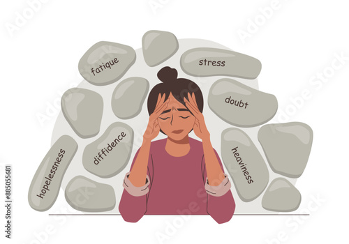 A young woman has a heavy load of negative emotions on her shoulders in the form of stones. Depressed girl in despair. Vector illustration about mental health.