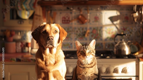 Cute dog and cat sitting together in cozy kitchen, creating a warm and friendly atmosphere. Bright sunlight illuminates them, showcasing their bond.