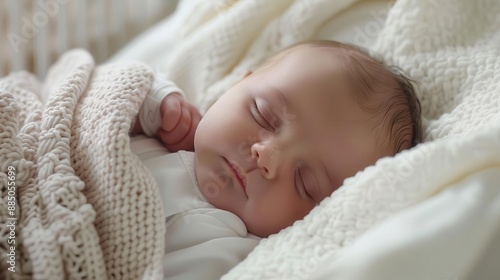 a serene newborn baby girl sleeps peacefully swaddled in a soft pastel blanket gentle light accentuates her delicate features as she rests in a cozy white crib embodying innocence and new life