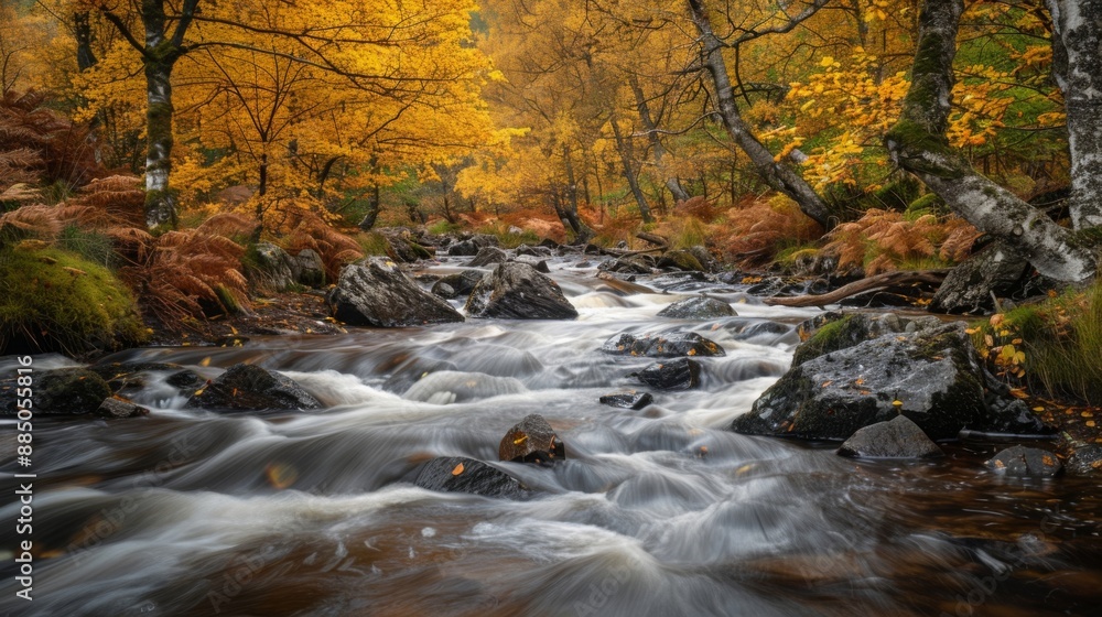Serene autumn stream with golden leaves, surrounded by trees and rocks in the forest. Nature’s calming beauty with flowing water and vibrant colors. Serene autumn stream with golden leaves, surrounded by trees and rocks in the forest. Nature’s calming beauty with flowing water and vibrant colors.