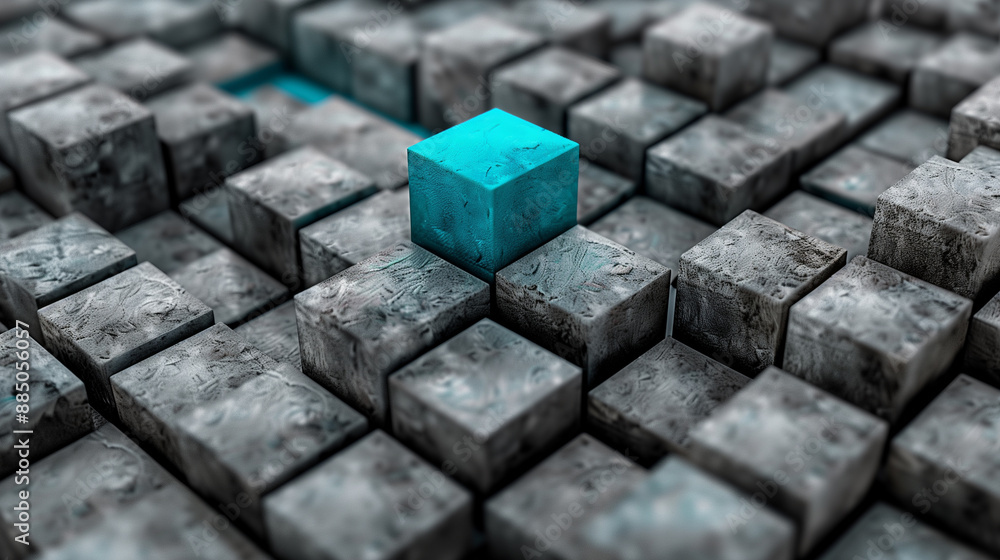 A single blue block stands out among numerous gray blocks. A single blue block stands out among numerous gray blocks.