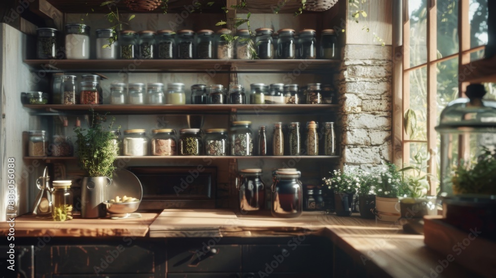 Cozy rustic kitchen with wooden shelves. Sunlight streaming through window. Glass jars, herbs, plants, and kitchenware adorn the shelves, creating warmth.
