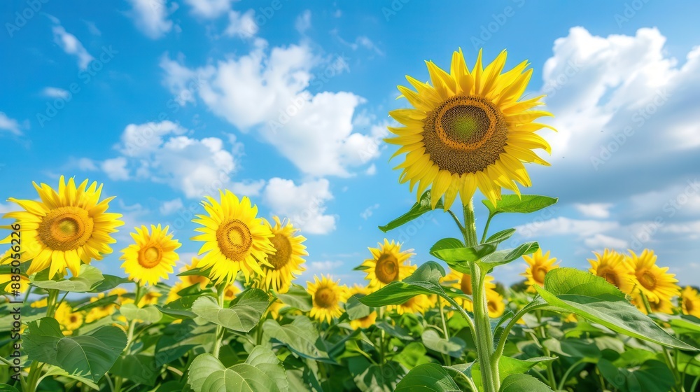 a vast sunflower field stretches to the horizon under a brilliant blue sky golden petals catch the sunlight creating a sea of vibrant yellow against lush green stems and leaves a vast sunflower field stretches to the horizon under a brilliant blue sky golden petals catch the sunlight creating a sea of vibrant yellow against lush green stems and leaves