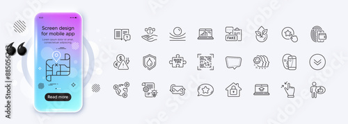 Waterproof, Scroll down and Touchscreen gesture line icons for web app. Phone mockup gradient screen. Pack of Deflation, Map, Cogwheel pictogram icons. Chat message, Like, Refresh mail signs. Vector