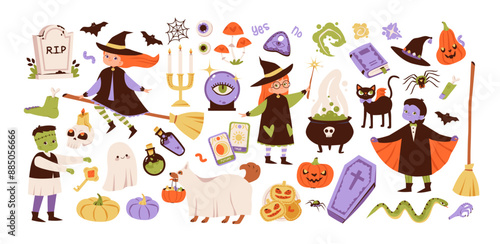 Cute kids Halloween set. Children in funny and scary witch, vampire and monster costumes. Cute characters and magical items for Halloween party. Flat vector illustration