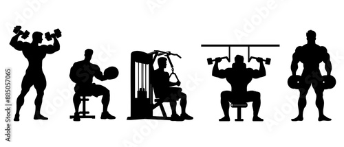 Male bodybuilder with exercise equipment silhouettes. Workout pose black filled vector Illustration icon.